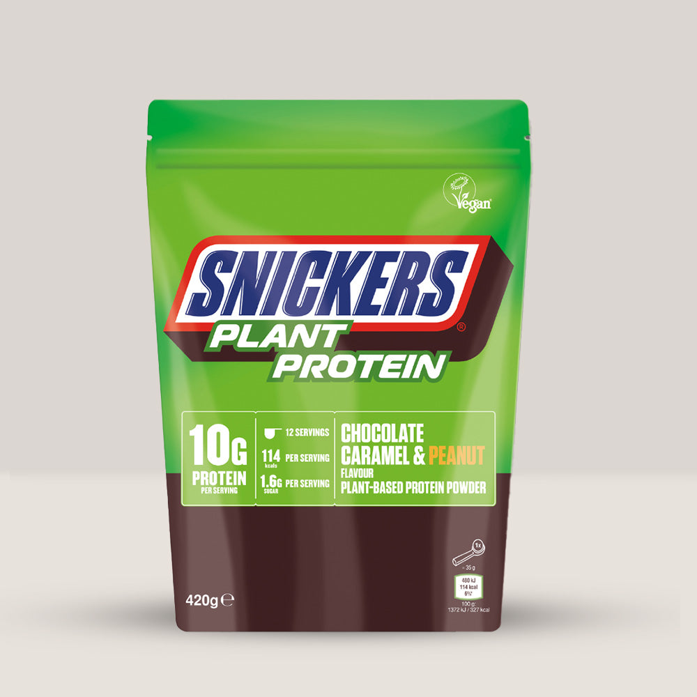 Pudră proteică vegană Snickers: Gust autentic, recuperare musculară superioară, energie naturală, 100% plant-based.