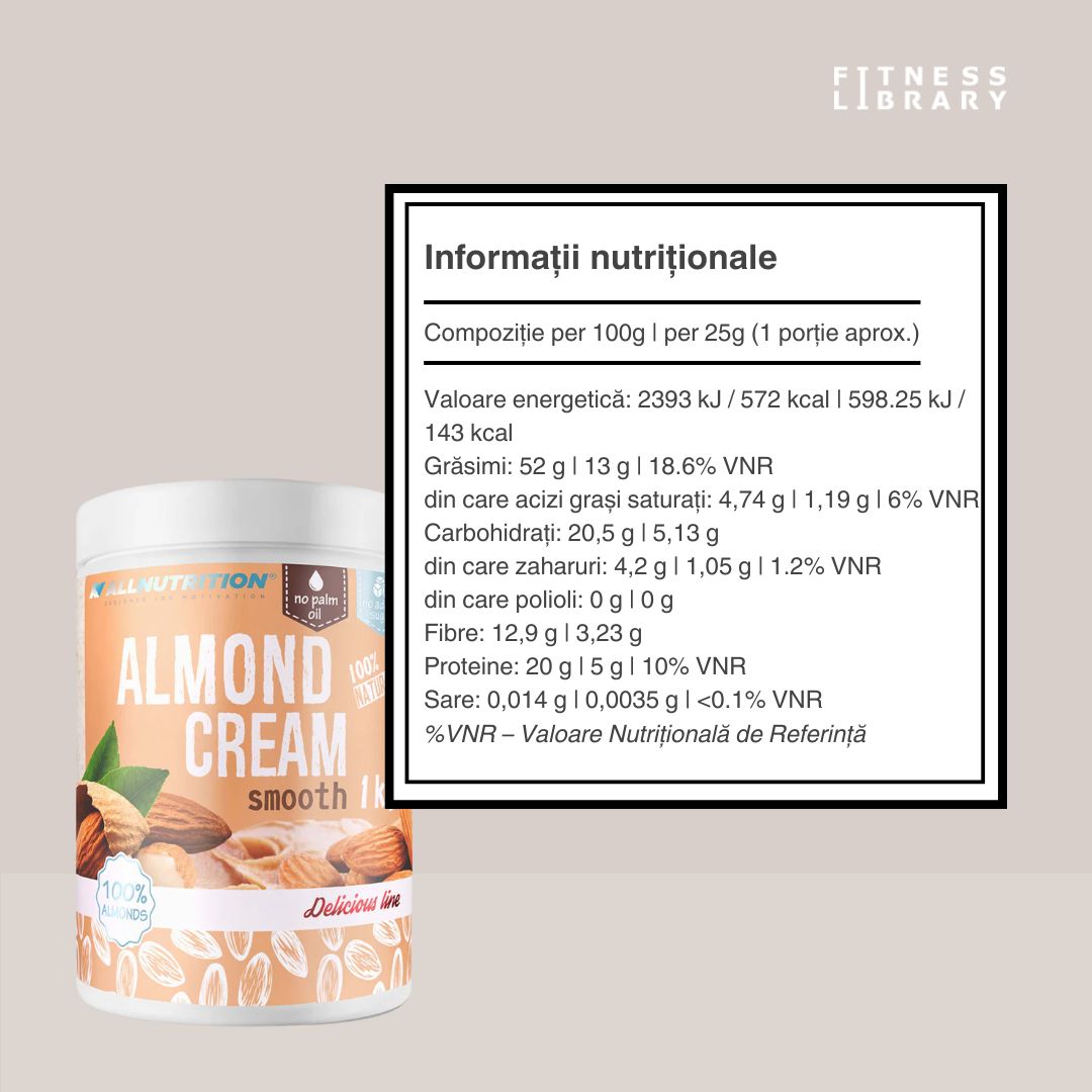 Unt de migdale ALLNUTRITION: Energie naturală și vitalitate pentru potențial maxim. Gust autentic, simplu și luxos.