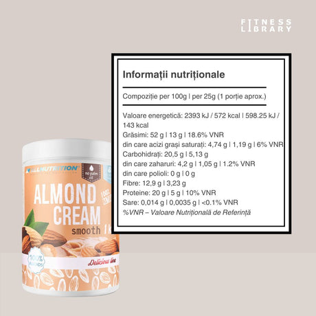 Unt de migdale ALLNUTRITION: Energie naturală și vitalitate pentru potențial maxim. Gust autentic, simplu și luxos.