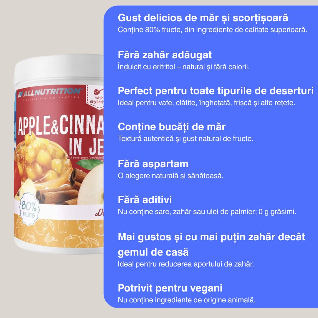 Gem de mere și scorțișoară (80% fructe), fără zahăr adăugat. Savurează dulceața naturală! ALLNUTRITION.