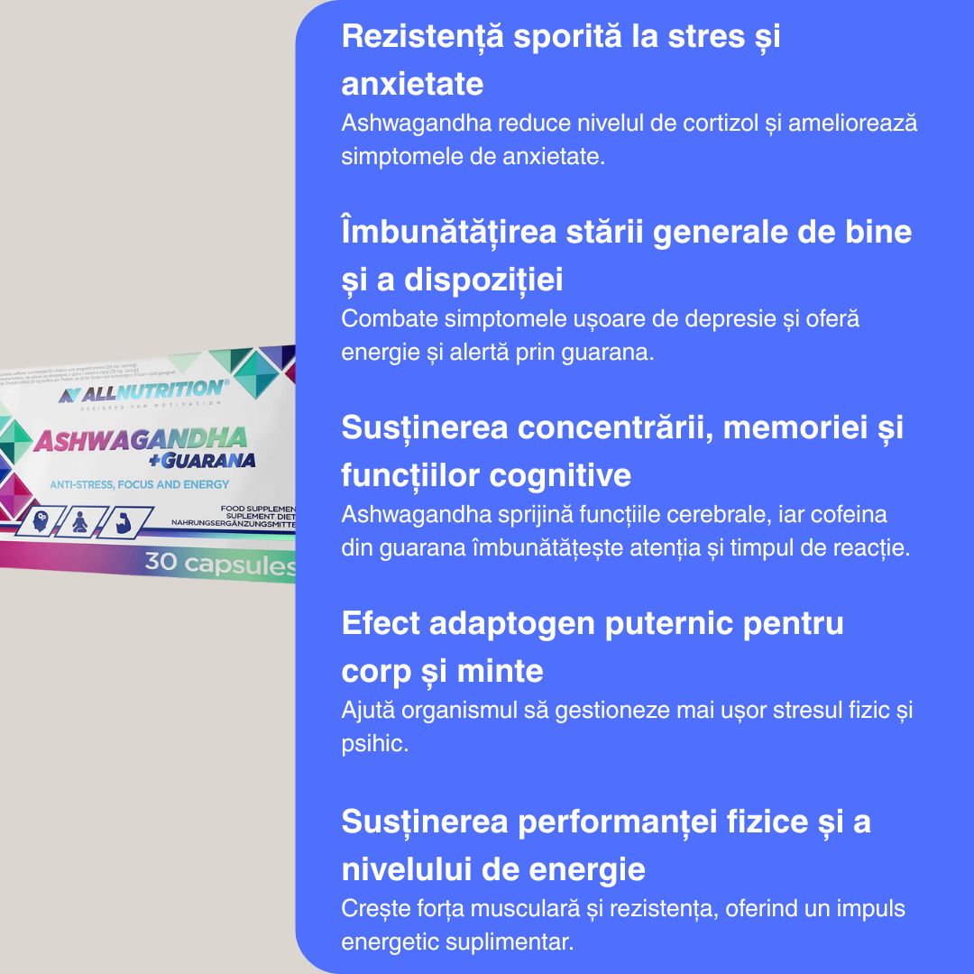 Energie, claritate, echilibru. Ashwagandha și Guarana pentru performanță optimă.