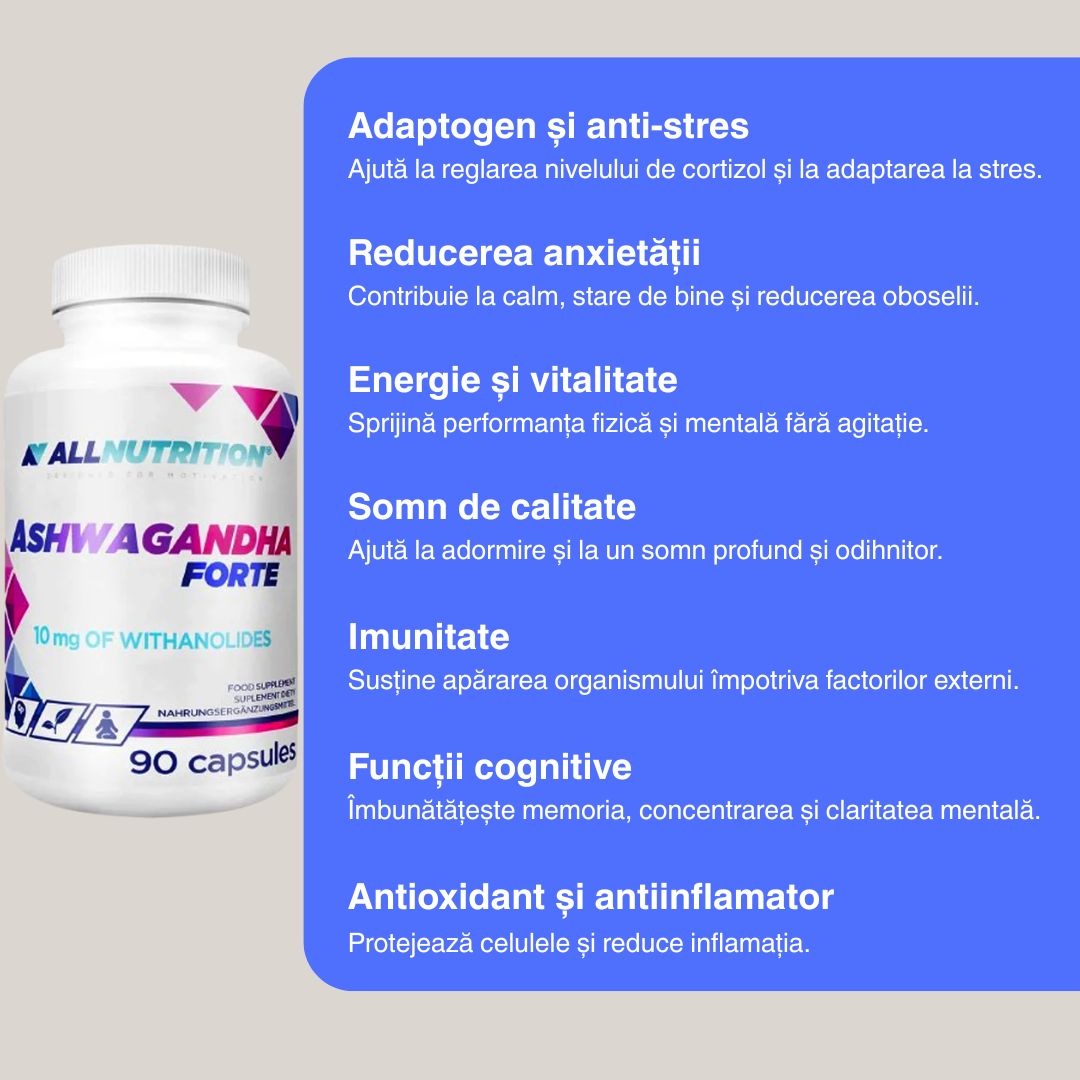 Ashwagandha Forte: Somn profund, rezistență la stres. Descoperă puterea naturii.