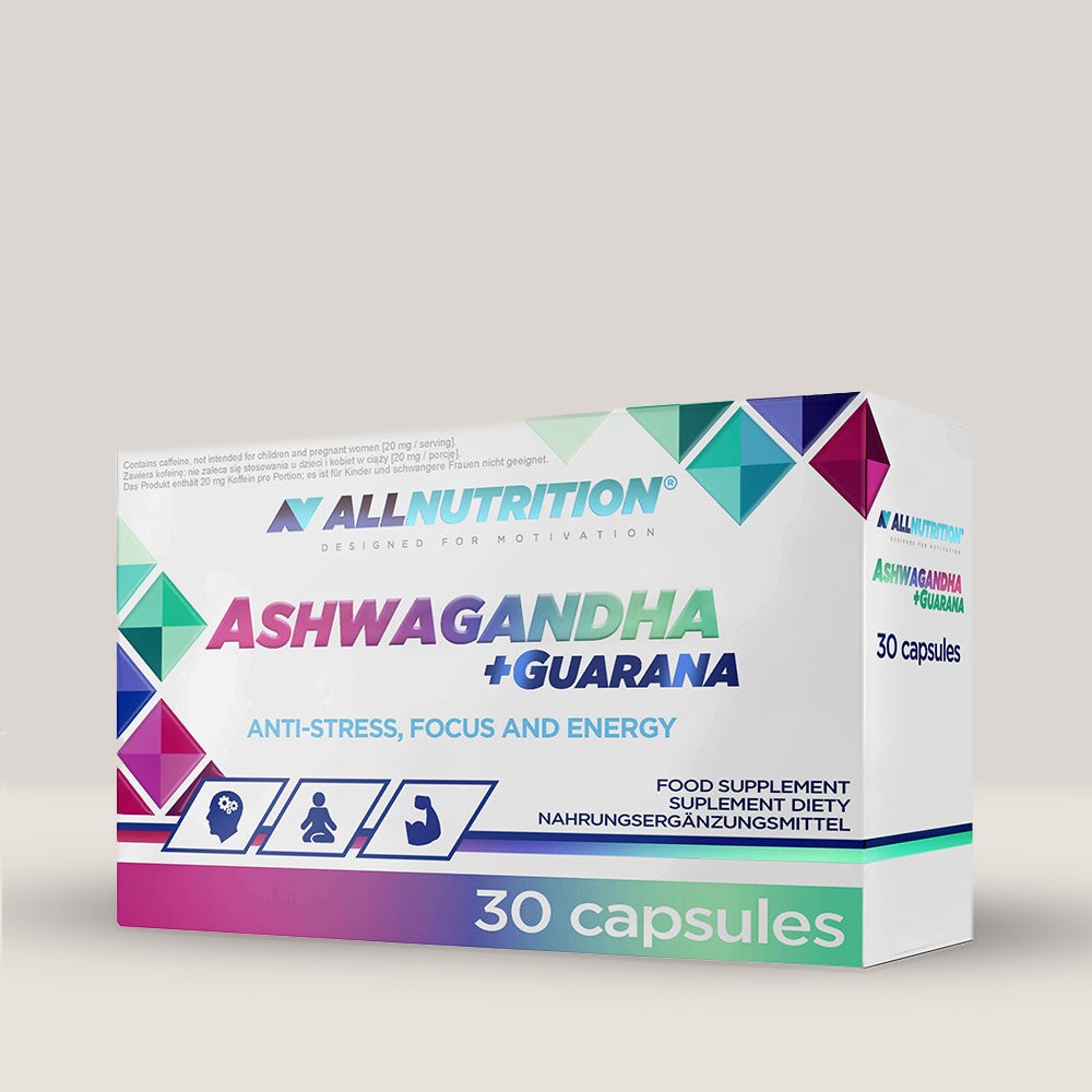 Imagine cu o cutie de Ashwagandha + Guarana (30 capsule) de la ALLNUTRITION, un supliment energizant cu Ashwagandha și Guarana.