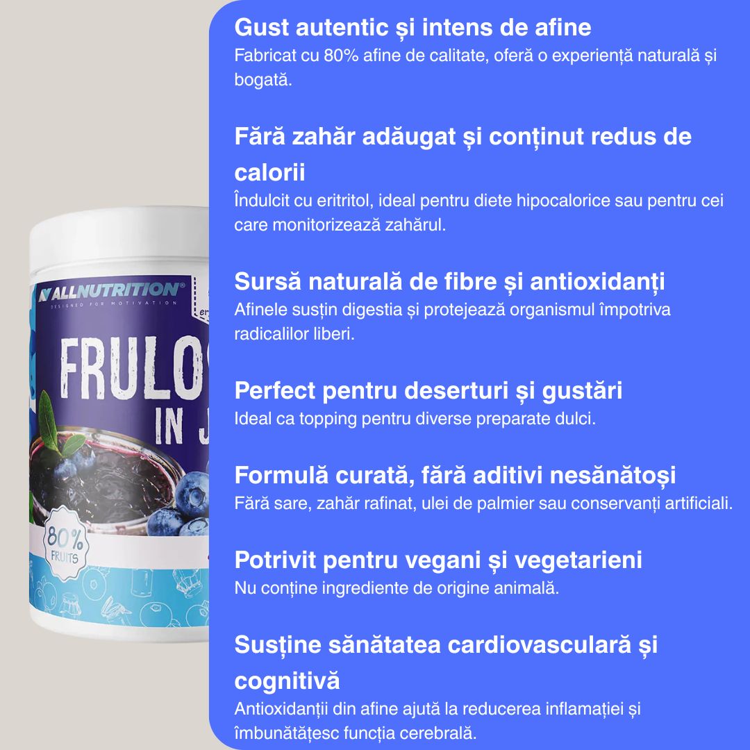 Jeleu de afine AllNutrition: 80% fructe, fără zahăr adăugat. Savurează dulceața naturală!