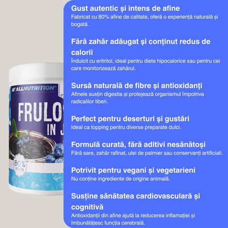 Jeleu de afine AllNutrition: 80% fructe, fără zahăr adăugat. Savurează dulceața naturală!