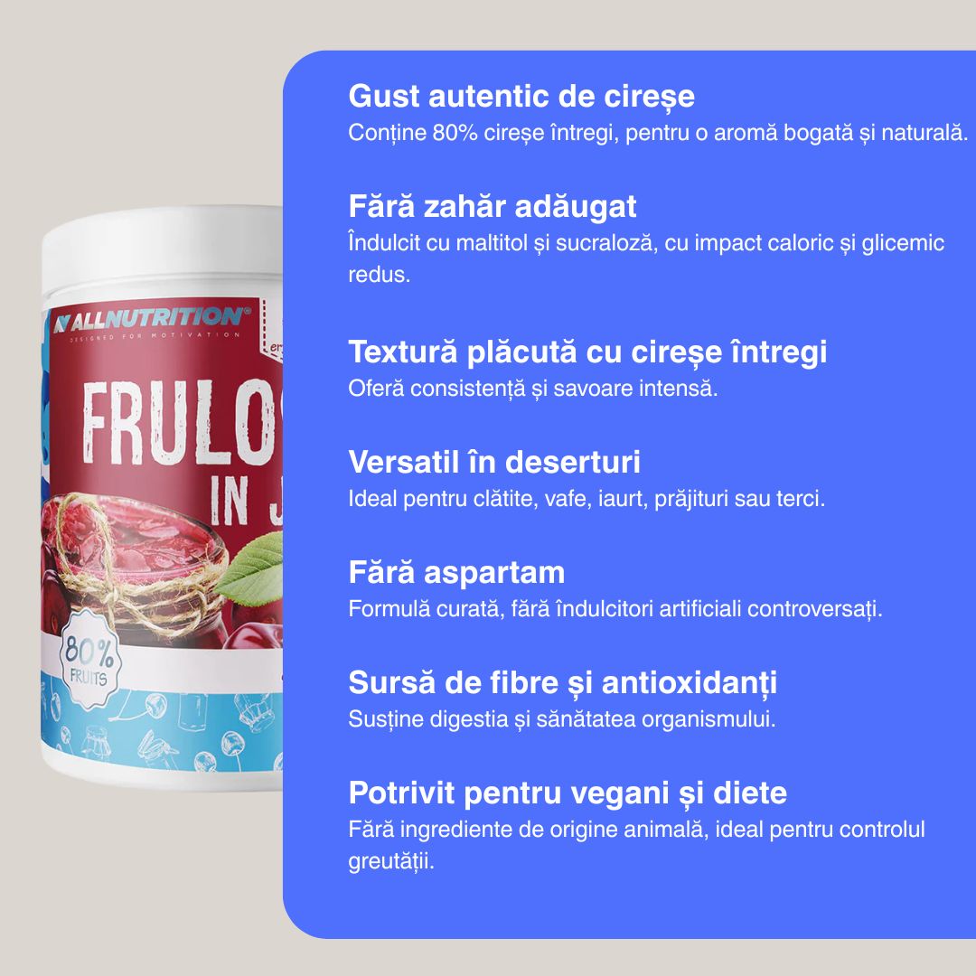 Gem de cireșe 80% fructe, fără zahăr adăugat. Savurează dulceața verii!