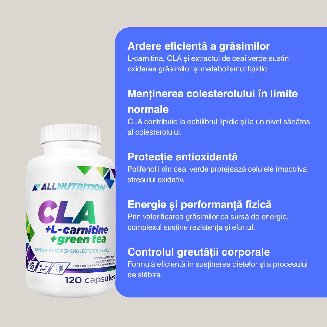 Siluetă ideală cu CLA, L-Carnitină și Ceai Verde. Energie amplificată, corp radiant, încredere maximă.