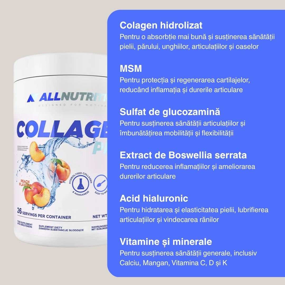 Colagen Pro: Piele radiantă, păr luxuriant, unghii puternice, articulații flexibile. Trăiește activ și grațios.