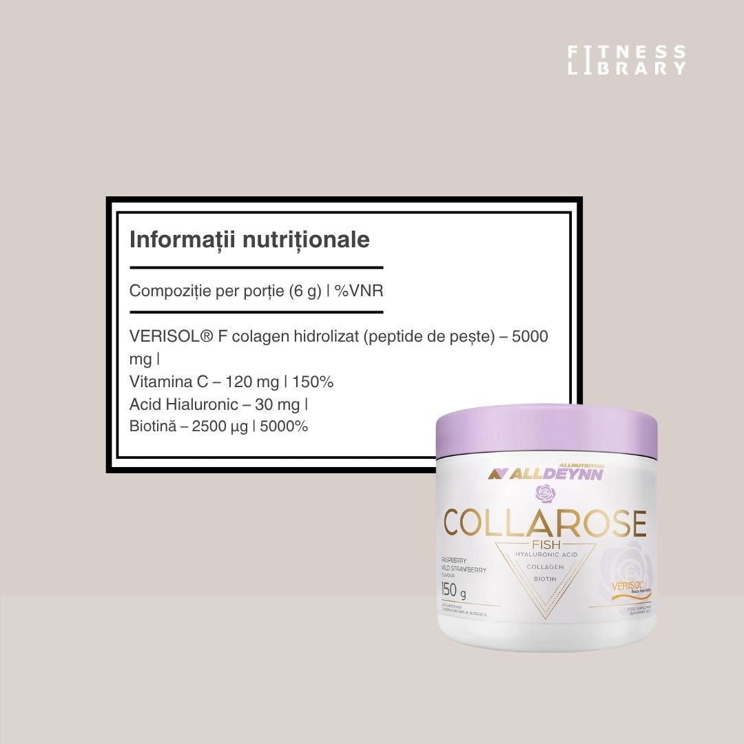 Colagen marin VERISOL® F pentru piele radiantă, păr luxuriant și unghii puternice. Experimentează transformarea cu Collarose Fish de la ALLDEYNN.