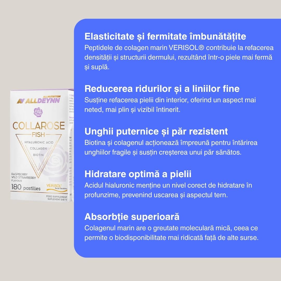 Strălucire interioară cu Collarose Fish Pastilles. Piele radiantă, păr desăvârșit, unghii rezistente.  Eliberează-ți frumusețea.