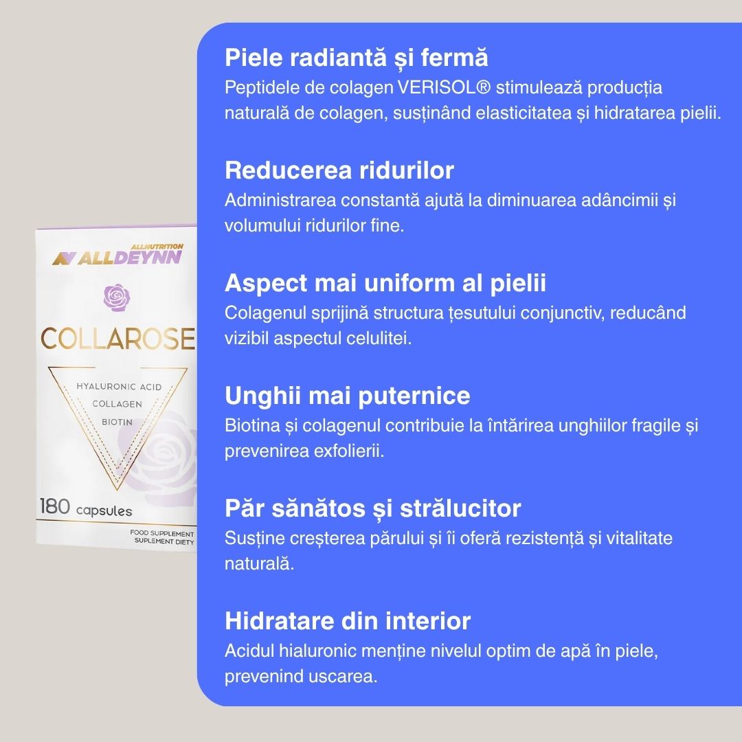 Colagen Verisol®, acid hialuronic și biotină pentru piele, păr și unghii. Collarose Caps de la ALLDEYNN - frumusețe radiantă din interior.
