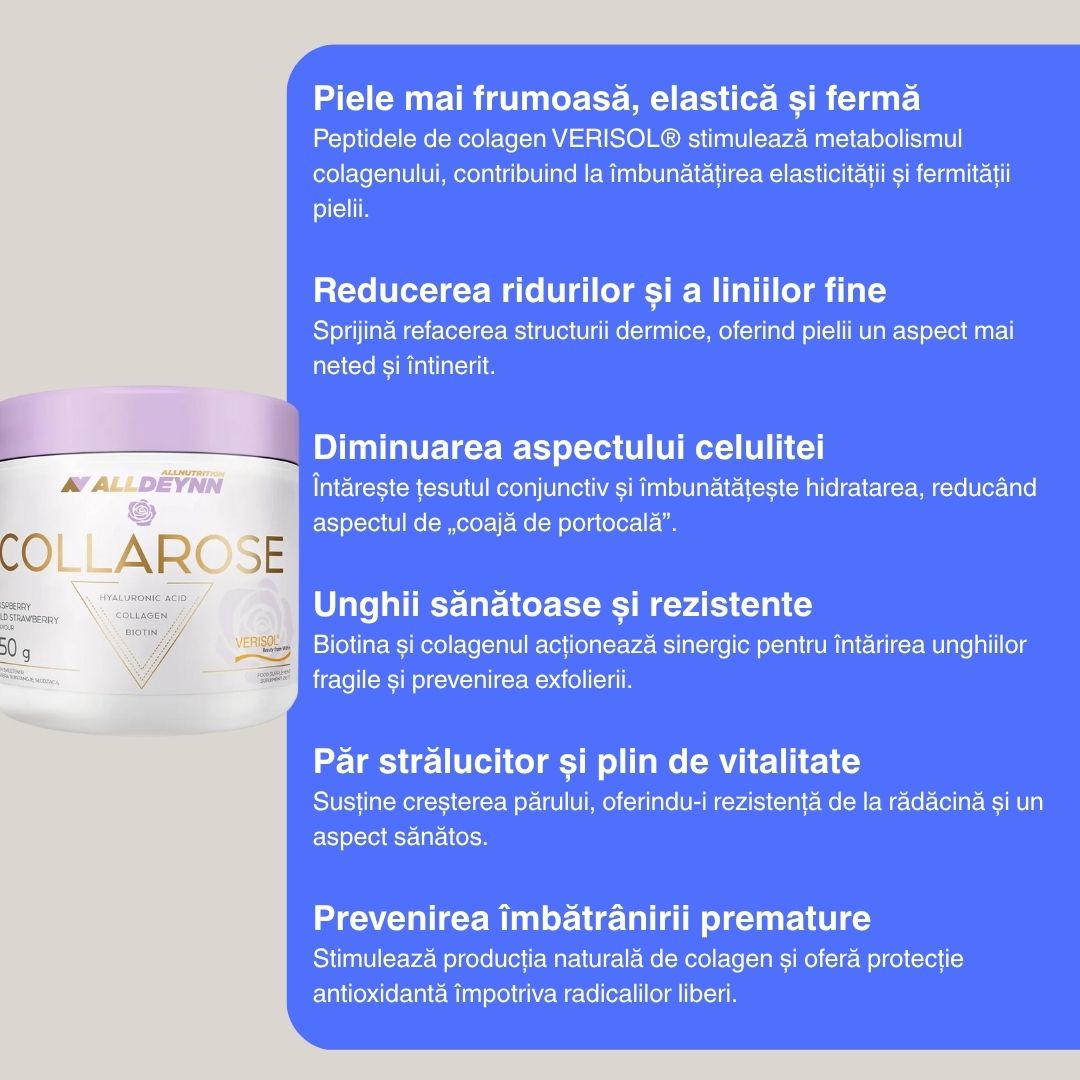 Colagen VERISOL®, acid hialuronic și biotină pentru piele radiantă, păr luxuriant și unghii puternice. Experimentează transformarea cu Collarose.