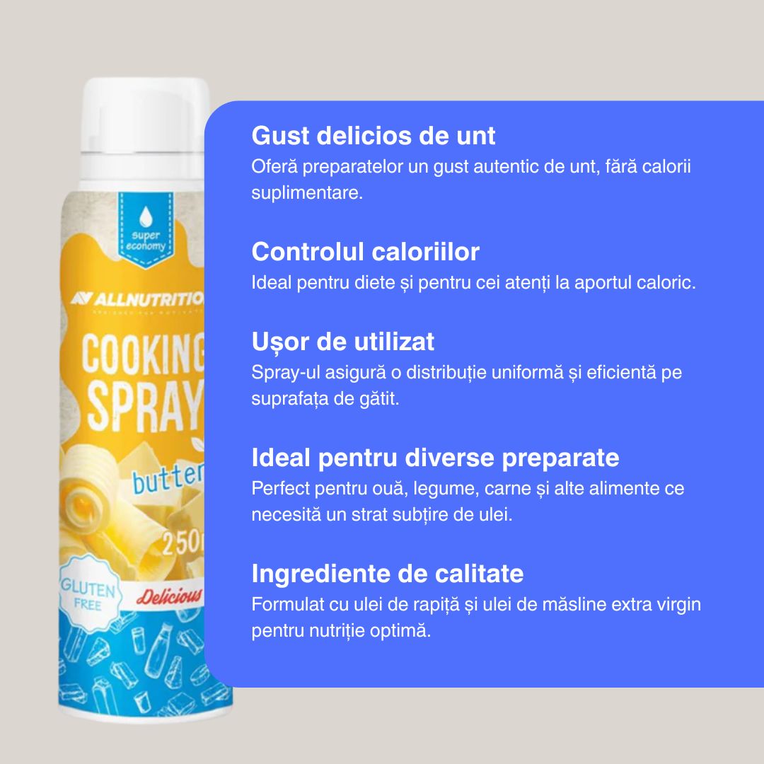 Gust de unt, fără calorii.  Mănâncă sănătos cu ALLNUTRITION Cooking Spray Butter.