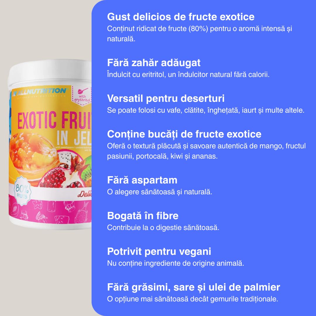 Gem exotic ALLNUTRITION, 80% fructe, fără zahăr adăugat. Savurează un răsfăț sănătos, plin de savoare și vitalitate.