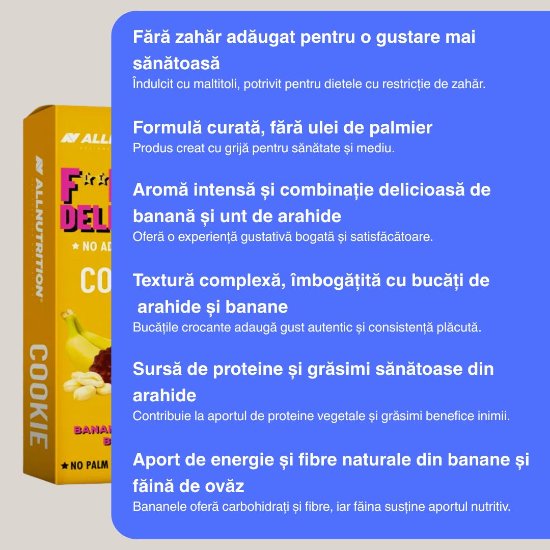 Biscuiți FitKing Delicious: Banane și unt de arahide în ciocolată fină. Gust delicios, fără remușcări.