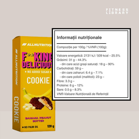 Biscuiți FitKing Delicious: crocanți, banane și unt de arahide, înveliți în ciocolată. Răsfăț gourmet fără zahăr adăugat.