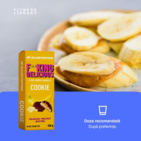 Biscuiți FitKing Delicious: Crocanți, cremoși, banane și unt de arahide, în ciocolată fără zahăr. Răsfăț și energie!