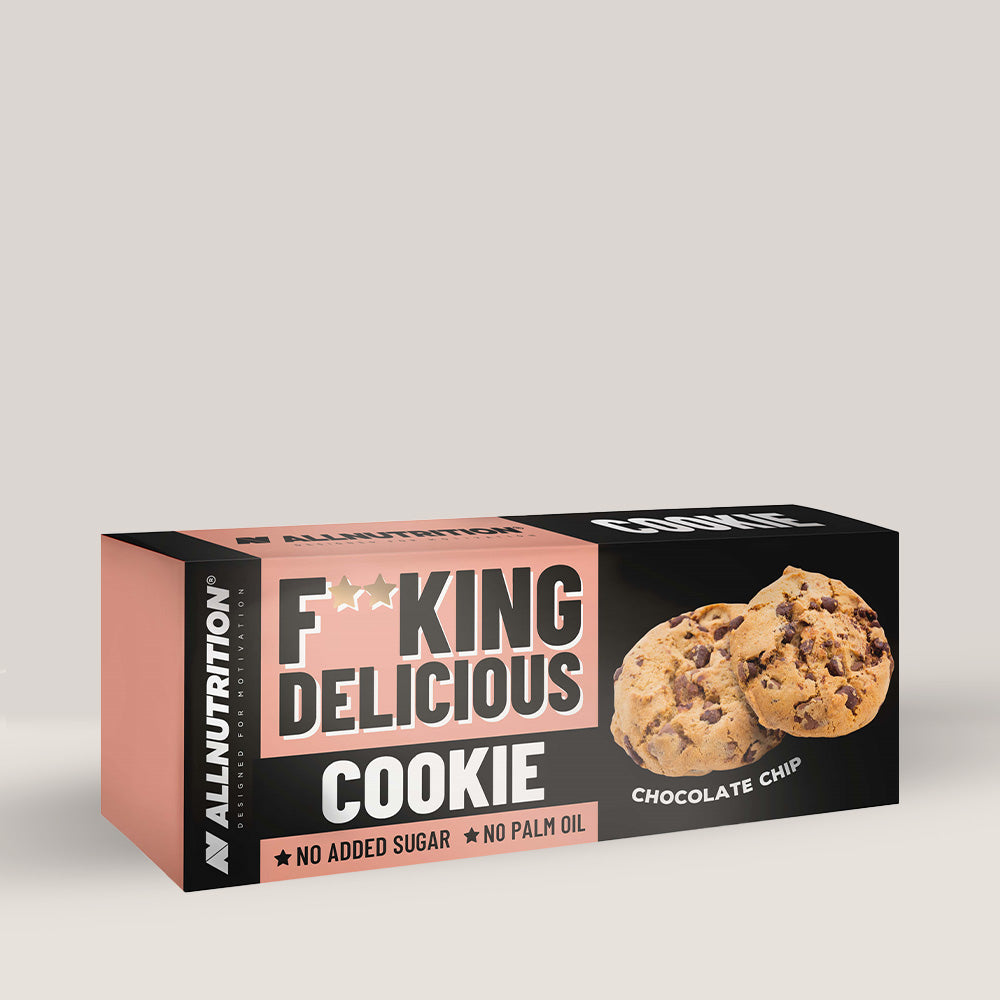 Imagine cu un biscuit proteic Fitking Delicious Cookie de la ALLNUTRITION, o gustare delicioasă și sănătoasă cu aroma de ciocolata.