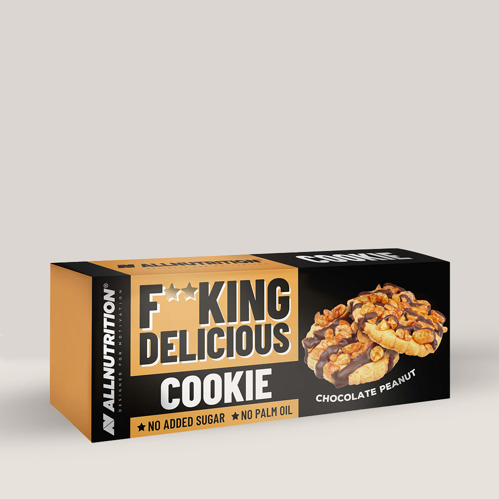 Imagine cu un biscuit proteic Fitking Delicious Cookie de la ALLNUTRITION, o gustare delicioasă și sănătoasă. Chocolate Peanut aroma.