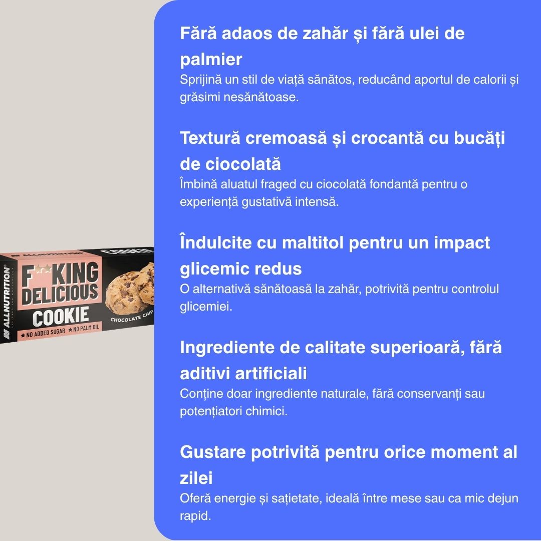 Fitking Delicious Cookie: Gust divin de ciocolată fină, fără remuşcări. Indulgență pură, echilibru perfect.
