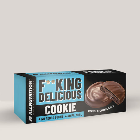 Imagine cu un biscuit proteic Fitking Delicious Cookie de la ALLNUTRITION, o gustare delicioasă și sănătoasă. Double chocolate aroma.