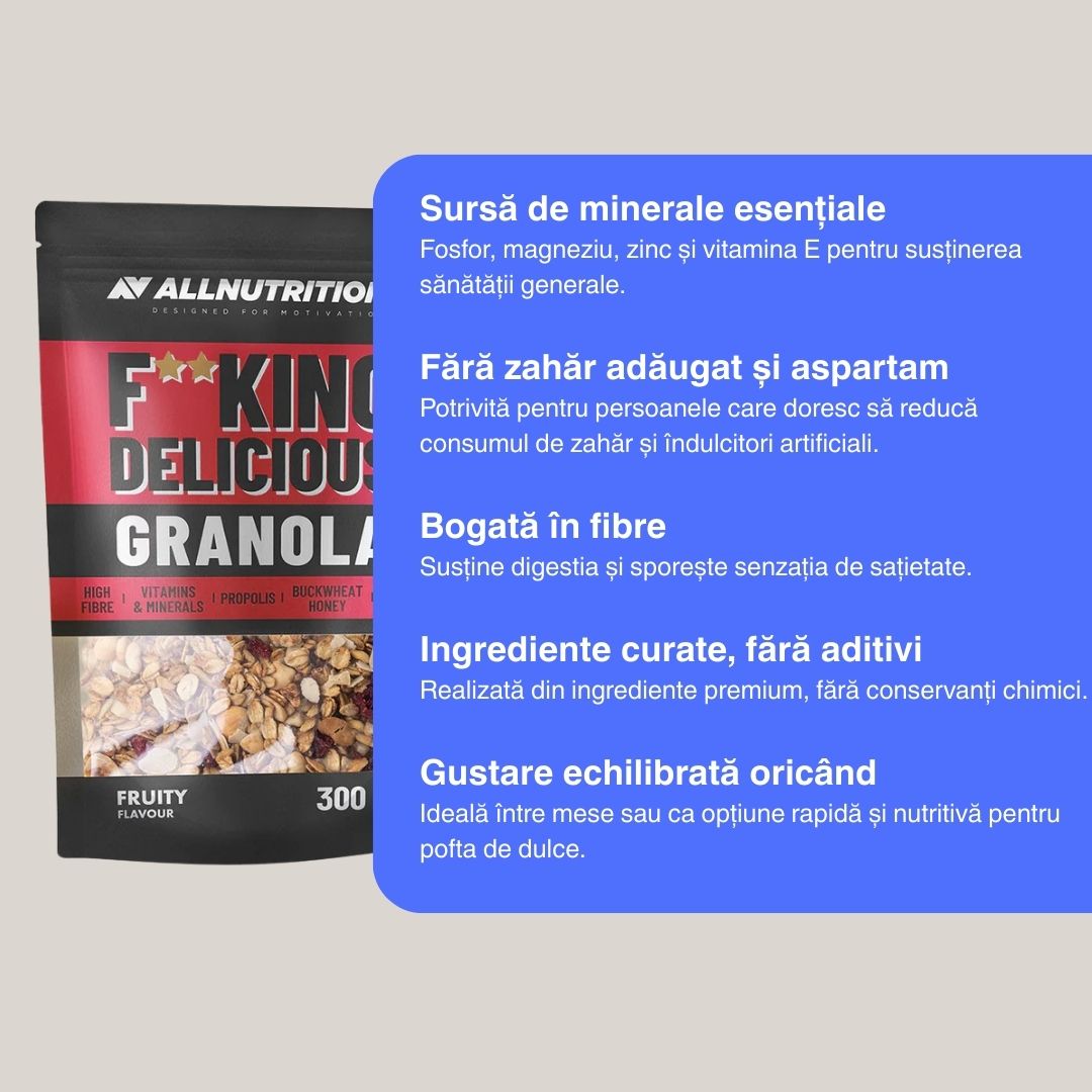 Granola ALLNUTRITION: Superalimente și fructe pentru energie și digestie armonioasă.