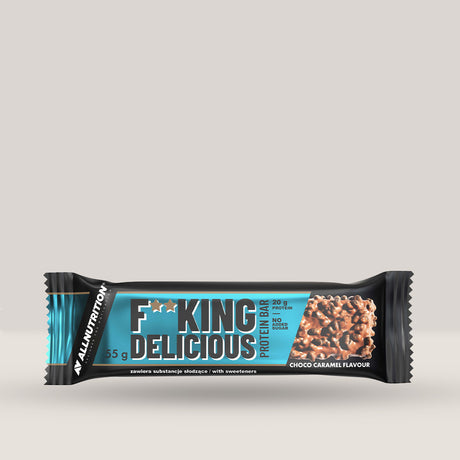 Imagine cu un baton proteic Fitking Delicious Protein Bar de la ALLNUTRITION, cu aromă de ciocolată, ce conține 20 grame de proteine și 200 calorii per servire.