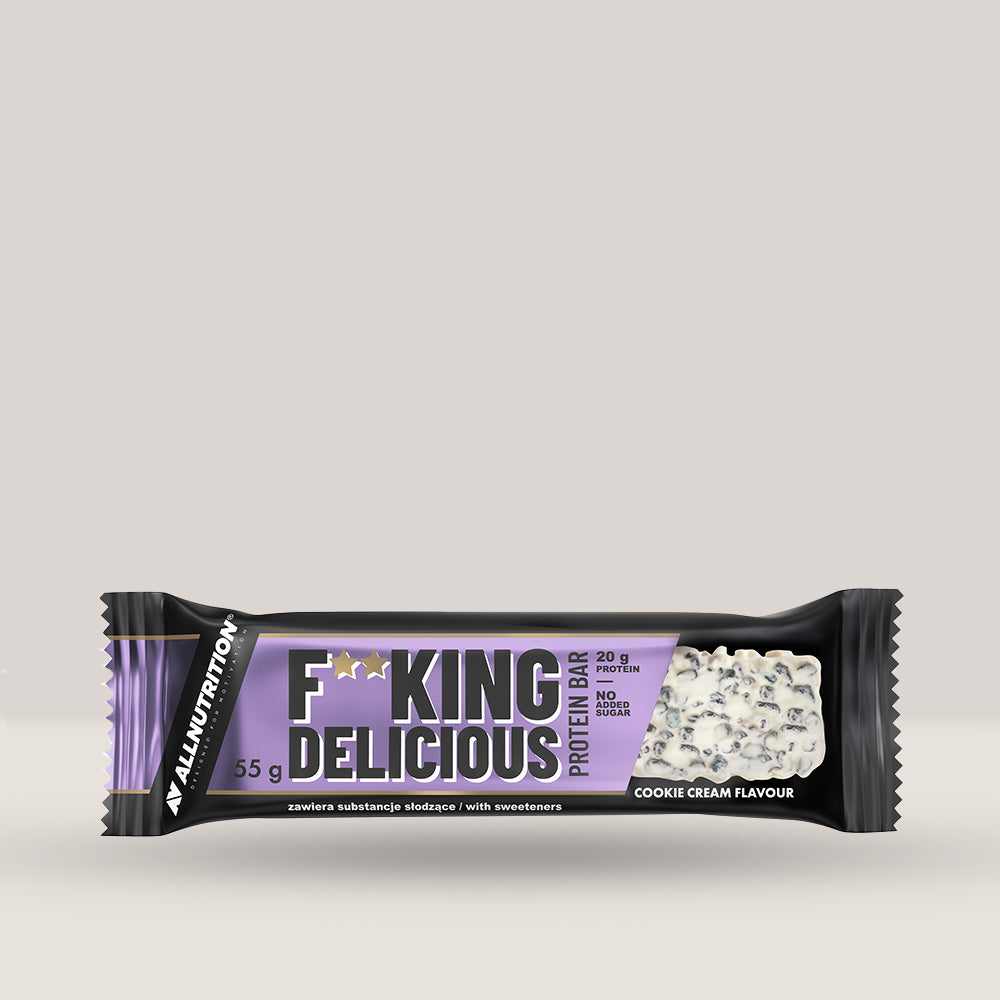 Imagine cu un baton proteic Fitking Delicious Protein Bar de la ALLNUTRITION, cu aromă de cookie cream tip oreo, ce conține 20 grame de proteine și 200 calorii per servire.