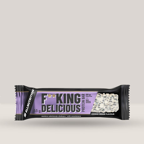 Imagine cu un baton proteic Fitking Delicious Protein Bar de la ALLNUTRITION, cu aromă de cookie cream tip oreo, ce conține 20 grame de proteine și 200 calorii per servire.