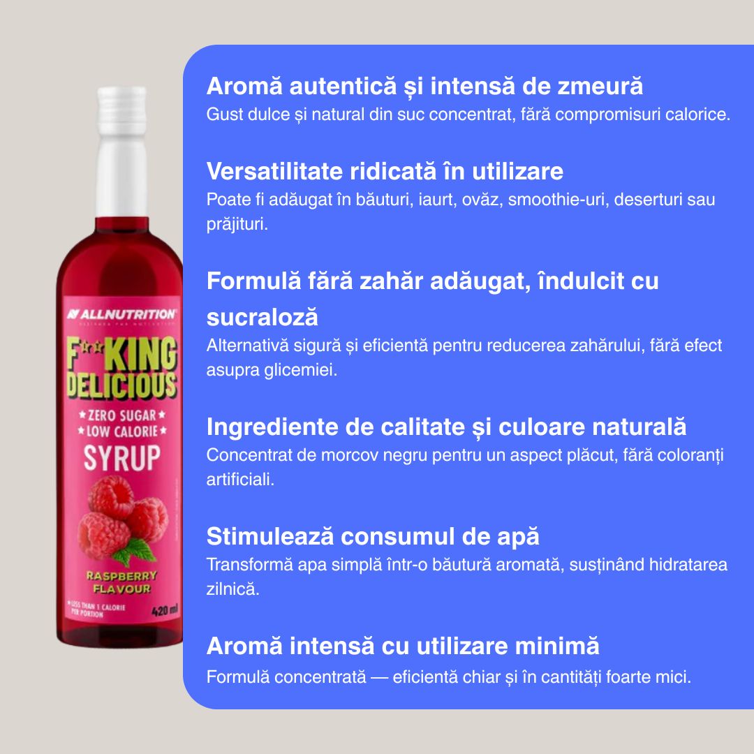 Sirop ALLNUTRITION: Aromă naturală de zmeură, zero zahăr, savoare maximă.