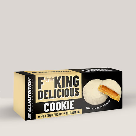 Imagine cu un biscuit proteic Fitking Delicious Cookie de la ALLNUTRITION, o gustare delicioasă și sănătoasă. Creamy peanut aroma.