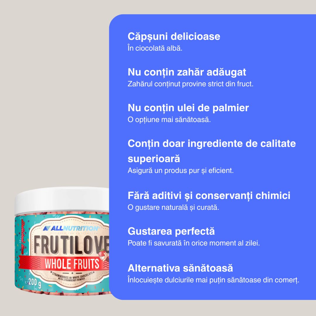 Căpșuni liofilizate în ciocolată albă. Indulgență pură pentru un stil de viață echilibrat.