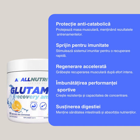 Recuperare rapidă și performanță maximă cu Glutamina Recovery Amino de la AllNutrition.