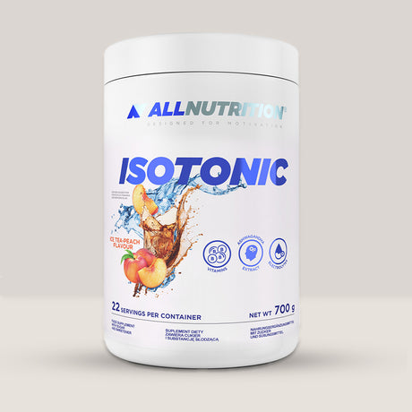 Imagine cu o cutie de Isotonic (700g, 22 de serviri) de la All Nutrition, o băutură izotonică pentru hidratare. Cu aromă de ceai de piersici.