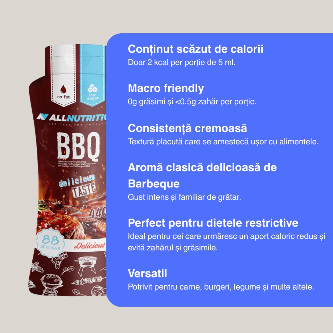 Grătar delicios, fără calorii? Sos BBQ Low Calorie de la AllNutrition - gust autentic, siluetă perfectă.