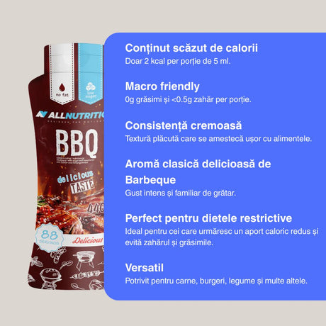 Grătar delicios, fără calorii? Sos BBQ Low Calorie de la AllNutrition - gust autentic, siluetă perfectă.