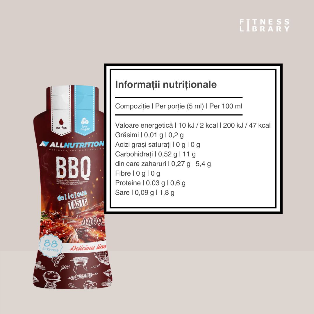Sos BBQ ALLNUTRITION: Gust afumat intens, doar 2 kcal/porție. Grătar perfect, fără griji!