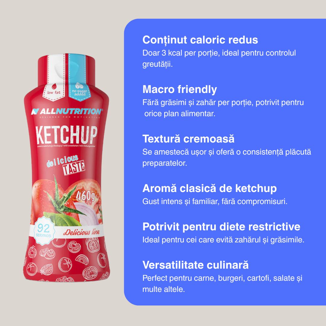 Ketchup hipocaloric ALLNUTRITION: Gust autentic, fără griji pentru silueta ta.
