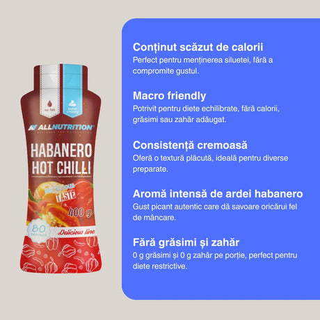 Gust habanero intens, fără calorii. ALLNUTRITION Low Calorie Sauce: rafinament picant pentru o dietă echilibrată.