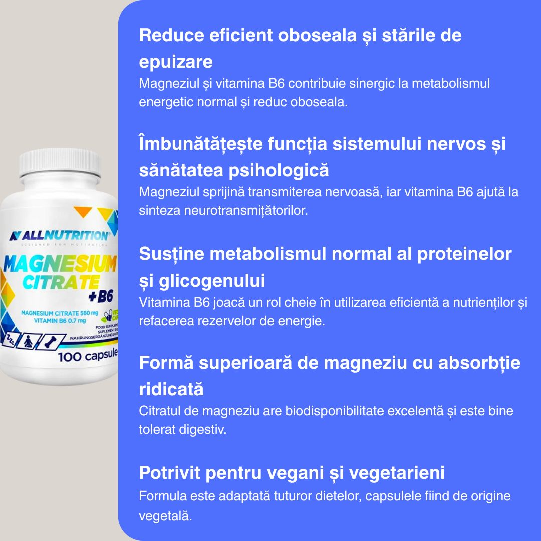 Energie și focus cu Magneziu Citrat + B6 activă. Performanță optimă de la ALLNUTRITION.