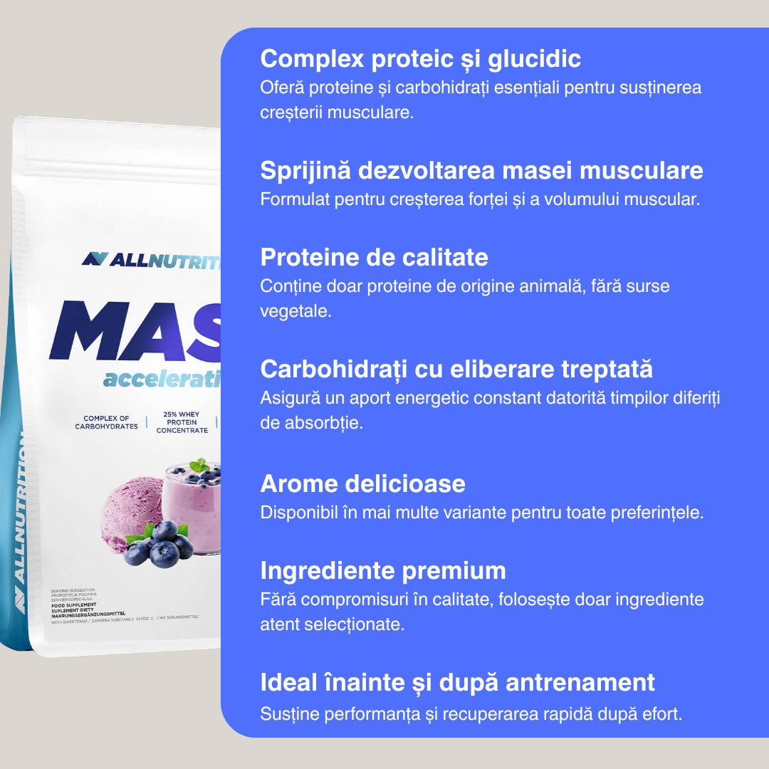 Accelerează creșterea musculară cu Gainer Mass Acceleration de la ALLNUTRITION. Atinge potențialul tău maxim!