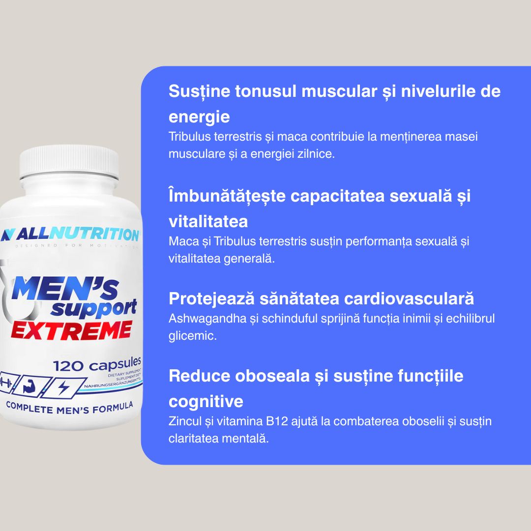 Energie neobosită și vitalitate amplificată cu Men's Support Extreme de la ALLNUTRITION.  Formulă avansată pentru bărbatul modern.