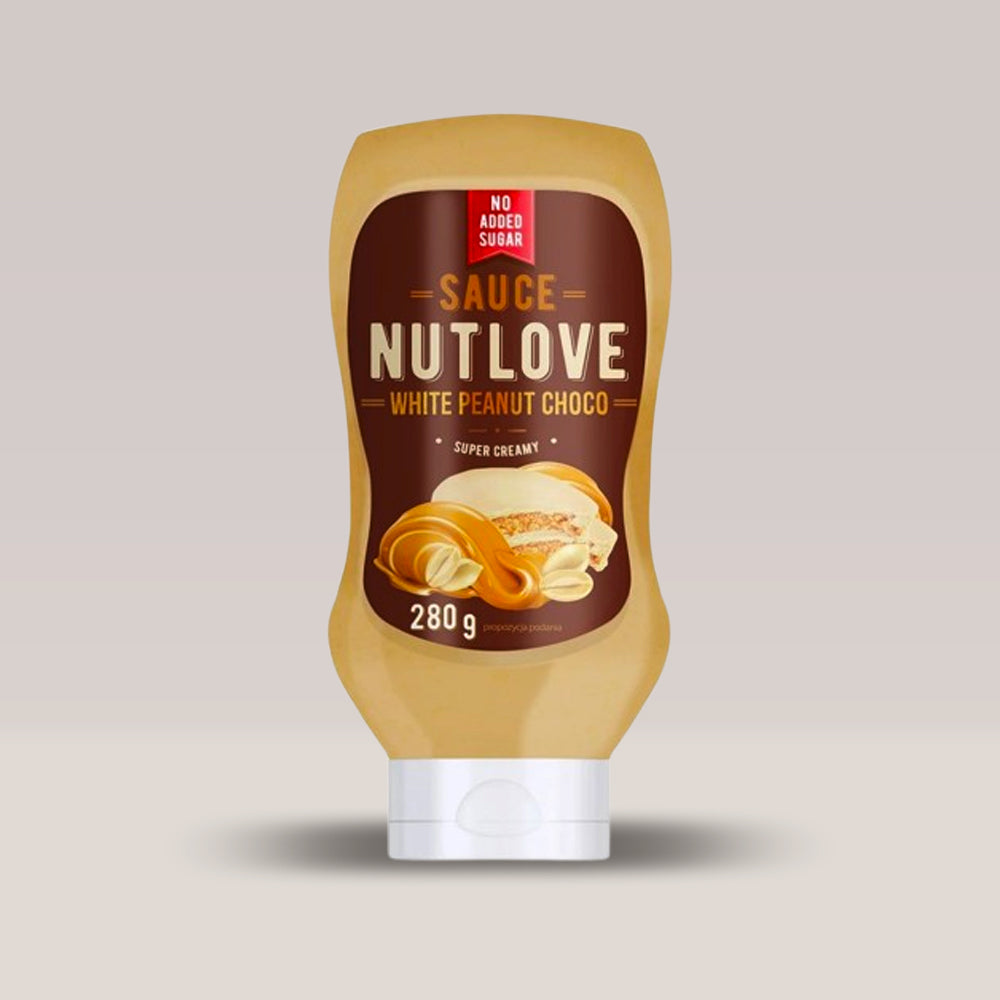 Imagine cu sosul NUTLOVE cu aromă de ciocolată alba și alune de la ALLNUTRITION, 280ml.