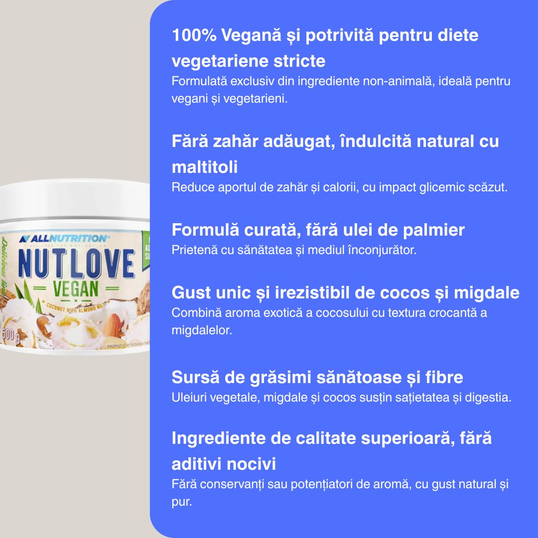Cremă tartinabilă vegană cocos-migdale. Răsfăț exotic, hrănitor și delicios. ALLNUTRITION.