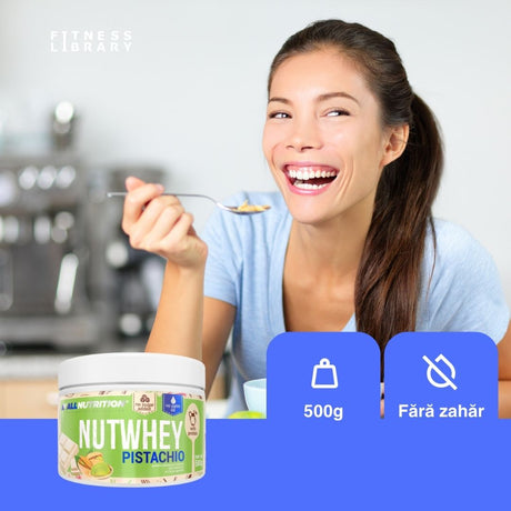Cremă proteică Nutwhey Pistachio: Gust decadent de fistic și ciocolată albă, fără a compromite silueta. Răsfăț sănătos!