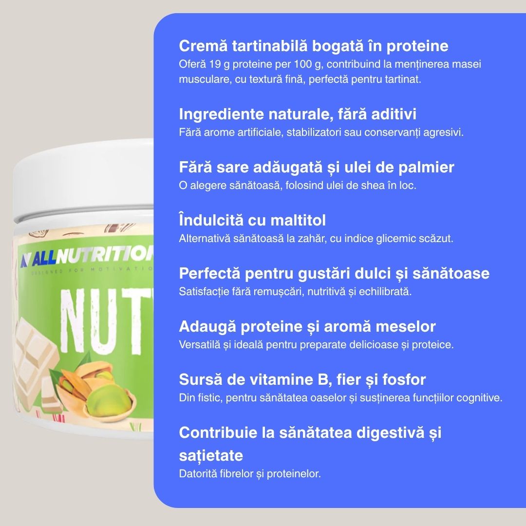 Cremă proteică Nutwhey Pistachio: Gust decadent de fistic și ciocolată albă, pentru un corp definit și un stil de viață activ.