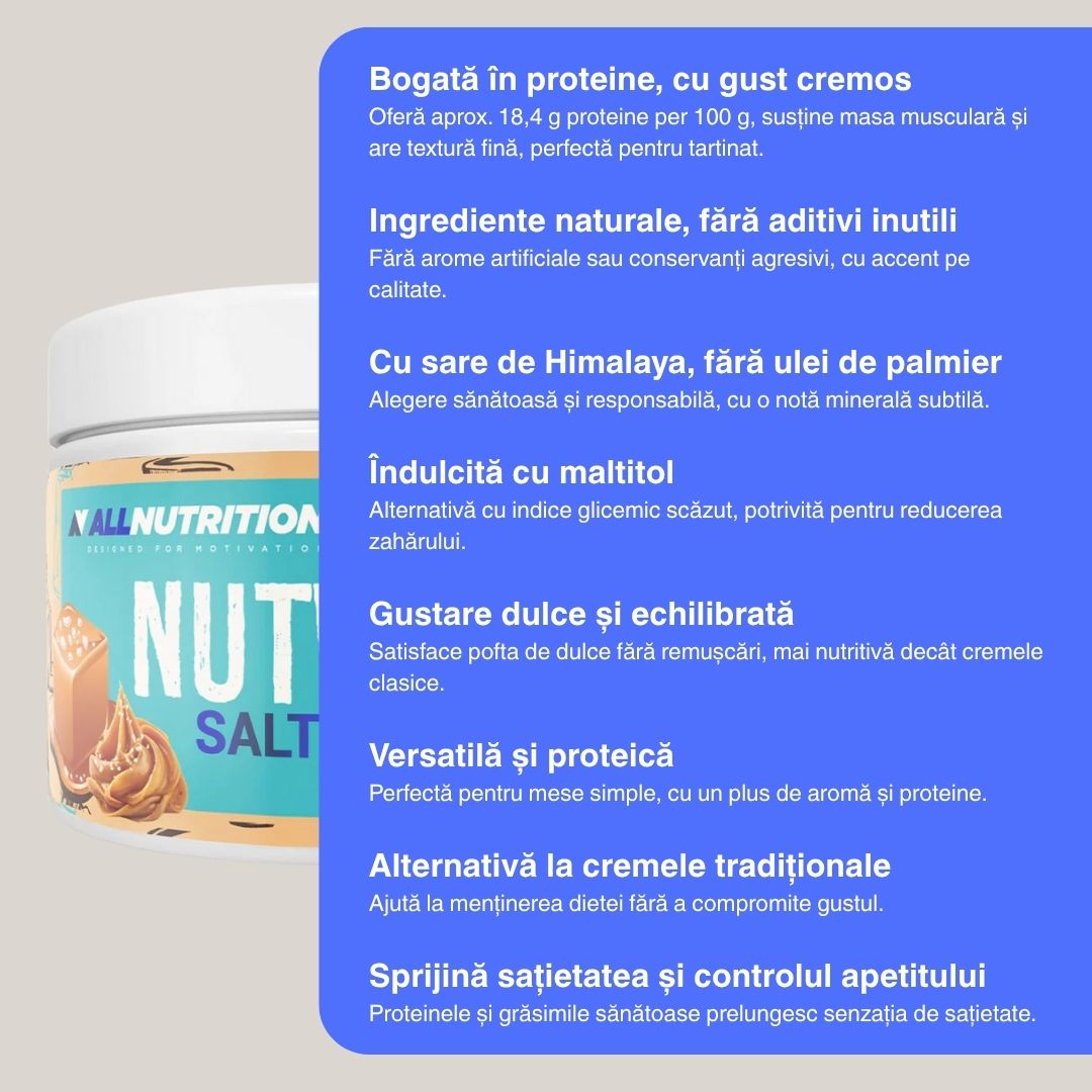 Cremă proteică caramel sărat. Răsfăț divin, fără remușcări. ALLNUTRITION Nutwhey.