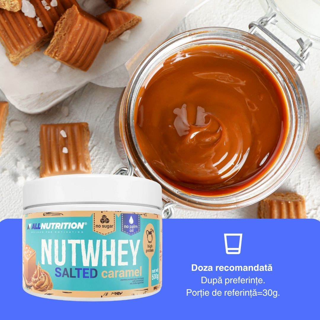 Cremă proteică Nutwhey - gust decadent de caramel sărat, fără zahăr adăugat. Atinge-ți obiectivele de wellness cu plăcere!
