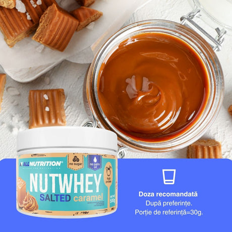 Cremă proteică Nutwhey - gust decadent de caramel sărat, fără zahăr adăugat. Atinge-ți obiectivele de wellness cu plăcere!