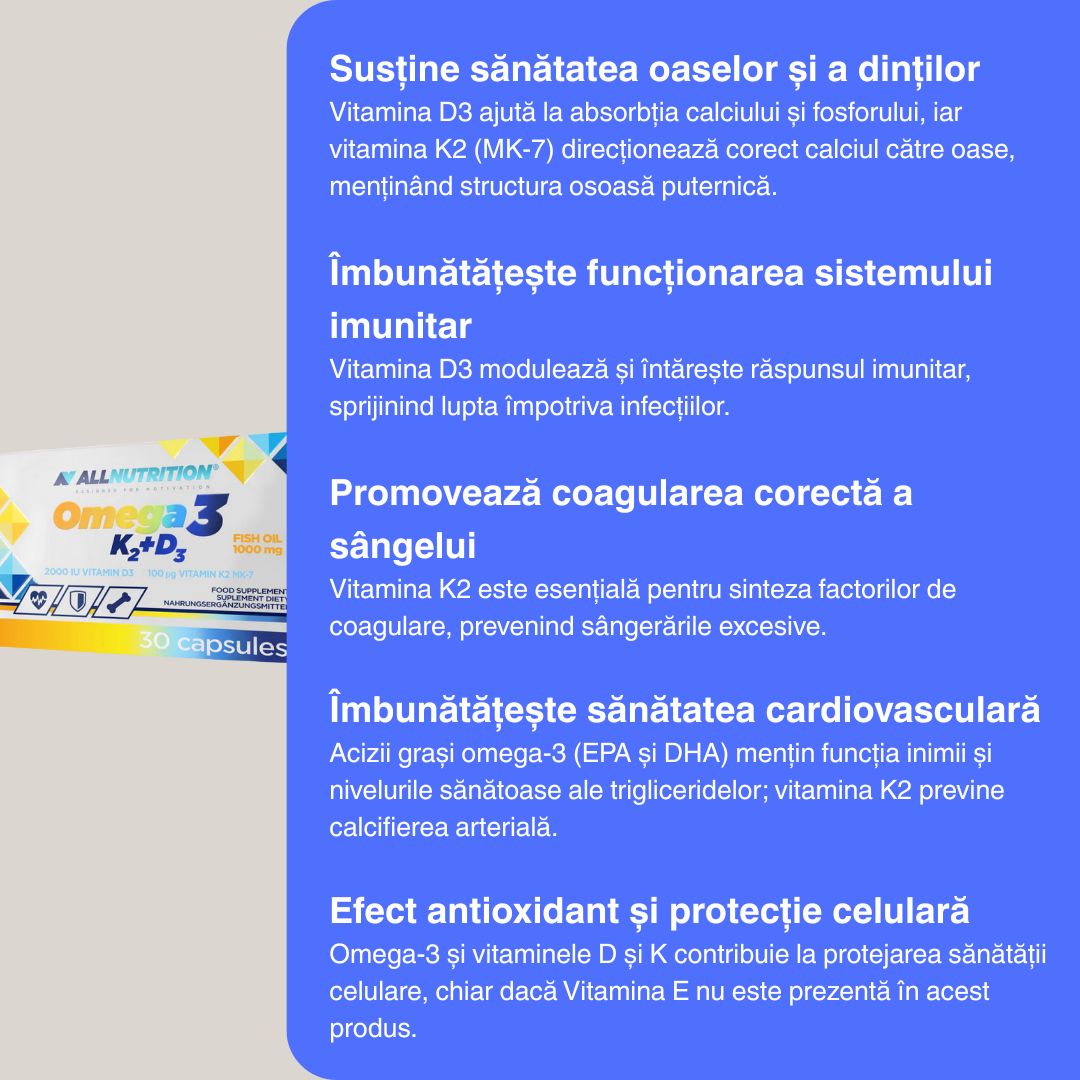 Omega 3, K2, D3 ALLNUTRITION: Oase puternice, inimă sănătoasă. O capsulă/zi.